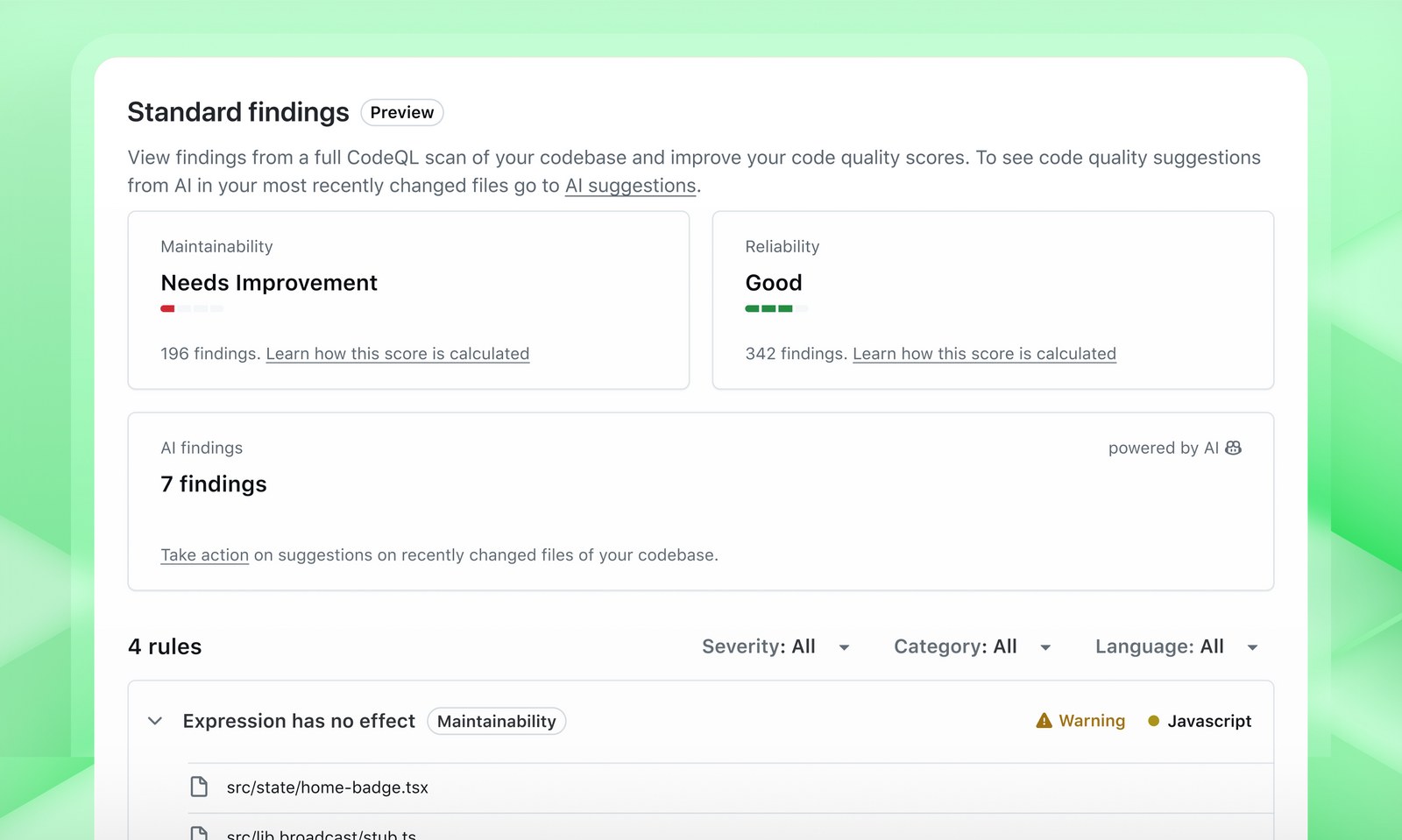 GitHub Code Quality dashboard showing CodeQL scan findings and a separate panel with seven AI-generated findings