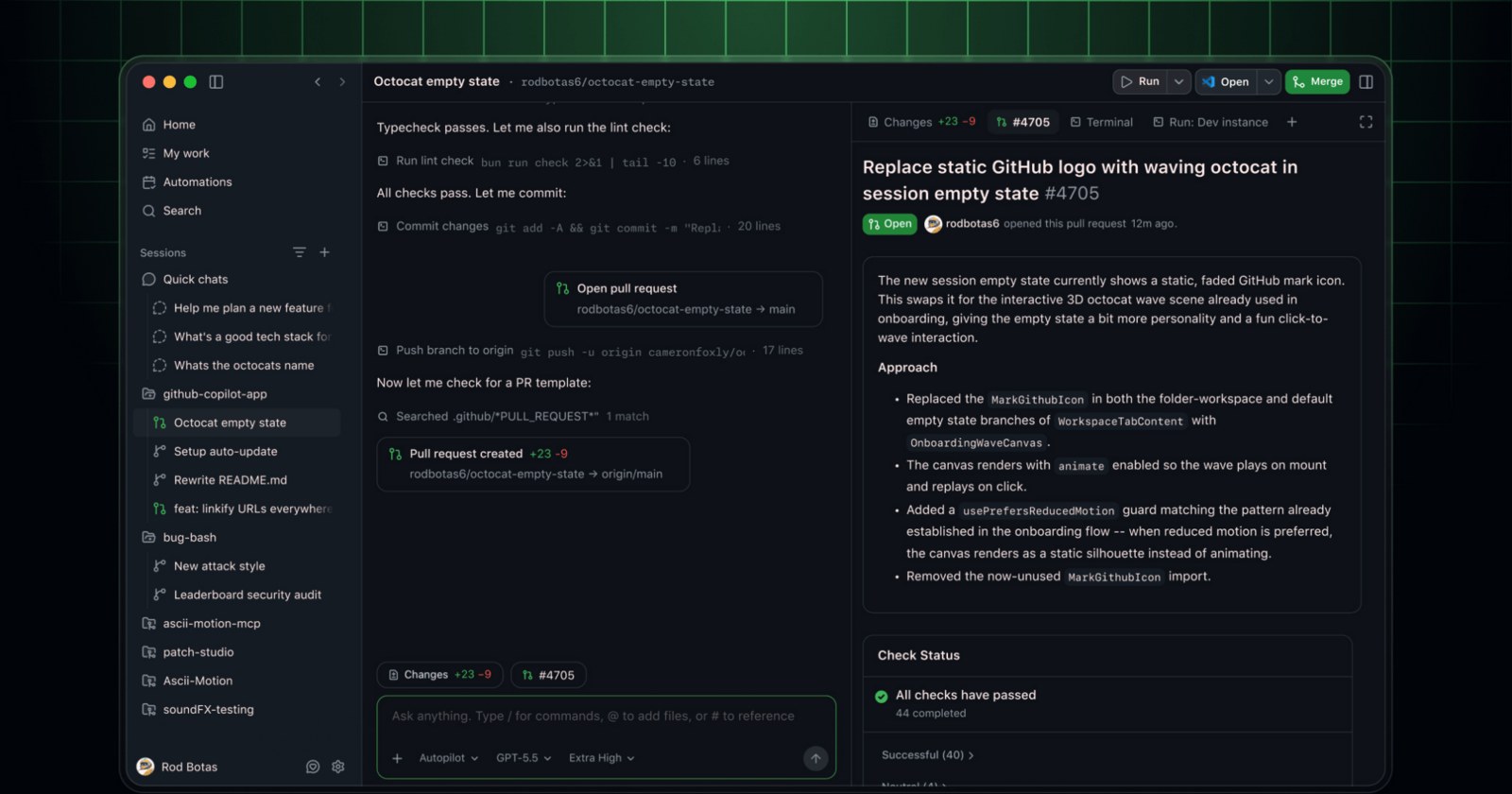 The GitHub Copilot app running an agent session that opens a pull request, with model and effort selectors below the prompt box