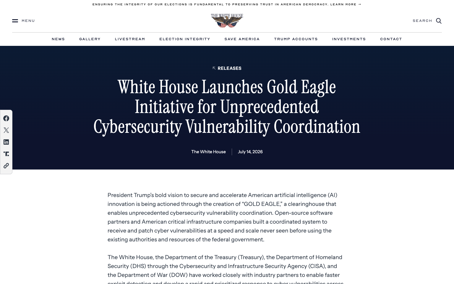 Official Gold Eagle announcement published by the White House on July 14, 2026
