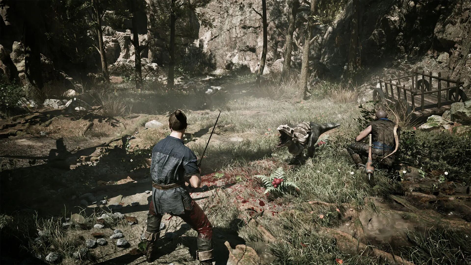 A Gothic 1 Remake screenshot: the protagonist, sword drawn, faces a scavenger in a forest, with lighting and detail rebuilt by Alkimia Interactive