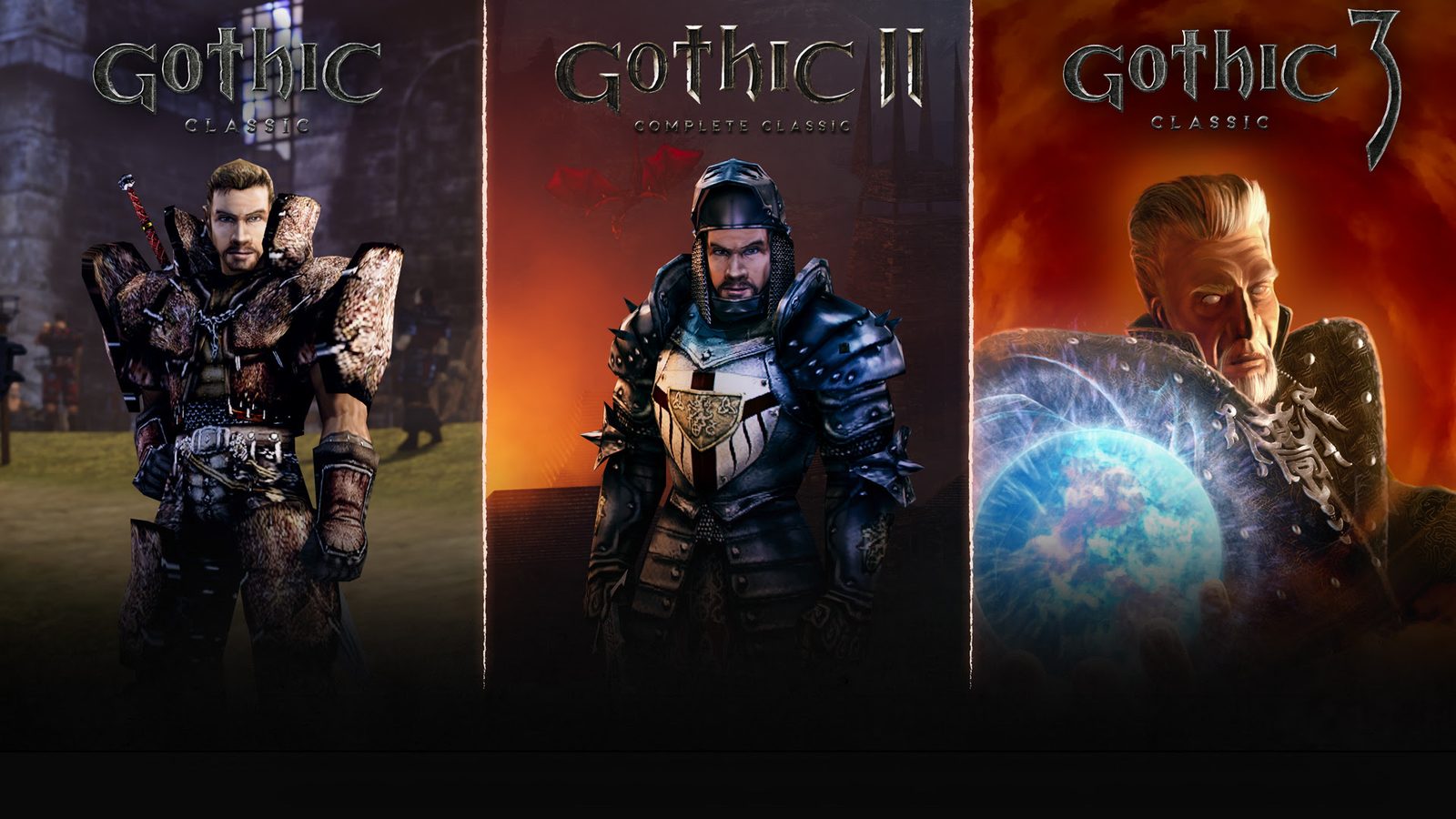 Official artwork for the Gothic Classic console trilogy, featuring the protagonists of Gothic, Gothic II and Gothic 3