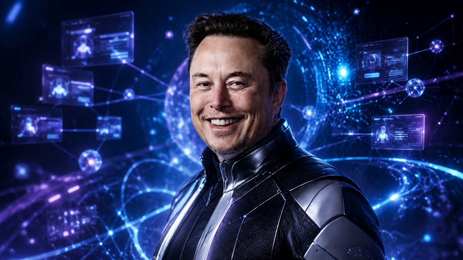 Ilustración generada con IA de Elon Musk ante paneles holográficos de datos