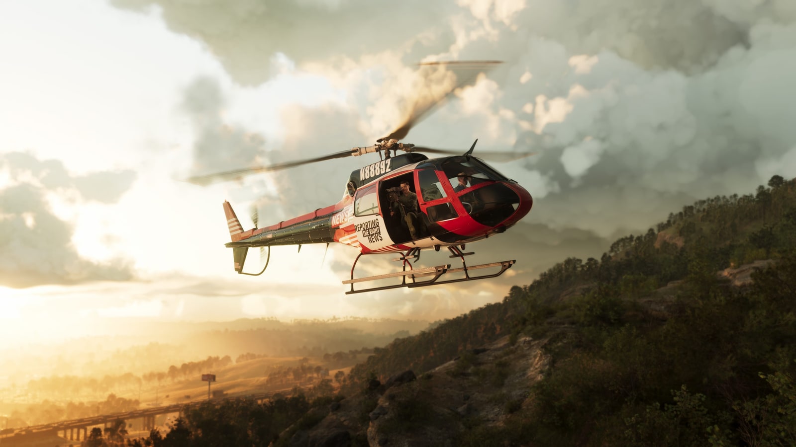 Un helicóptero de noticias sobrevuela Mount Kalaga en una imagen oficial de GTA 6