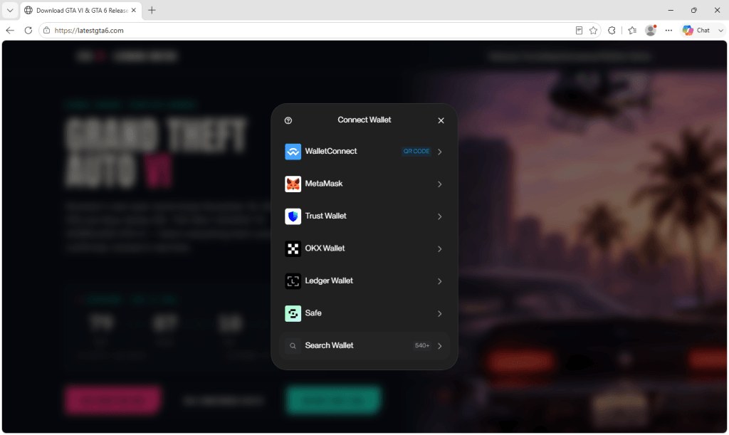 Wallet connection prompt on the scam page investigated by Malwarebytes