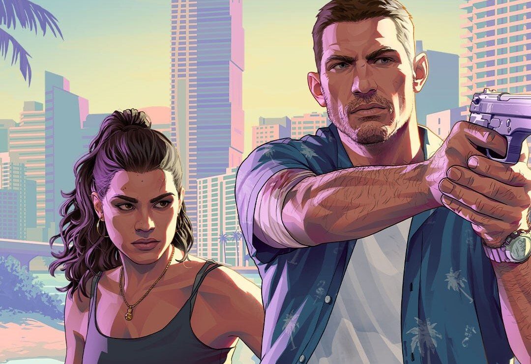 Jason y Lucia, protagonistas de GTA VI, con Vice City al fondo en el arte oficial del tráiler 2