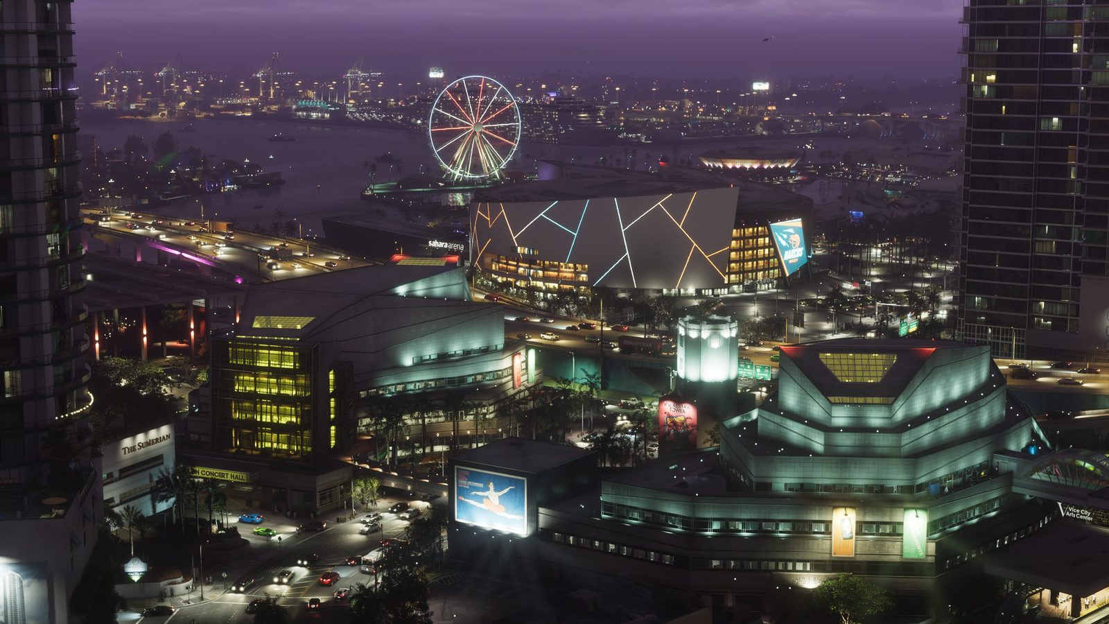 Official nighttime view of Vice City with its arena and Ferris wheel lit up in GTA 6
