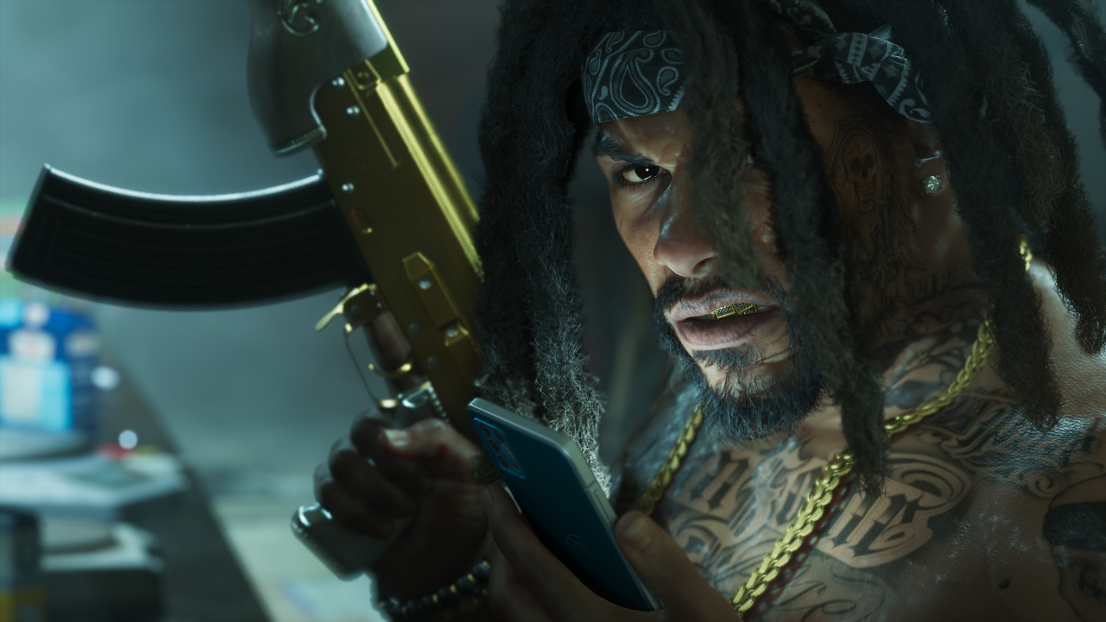 A GTA VI character holding a gold rifle while looking at a phone in an official screenshot