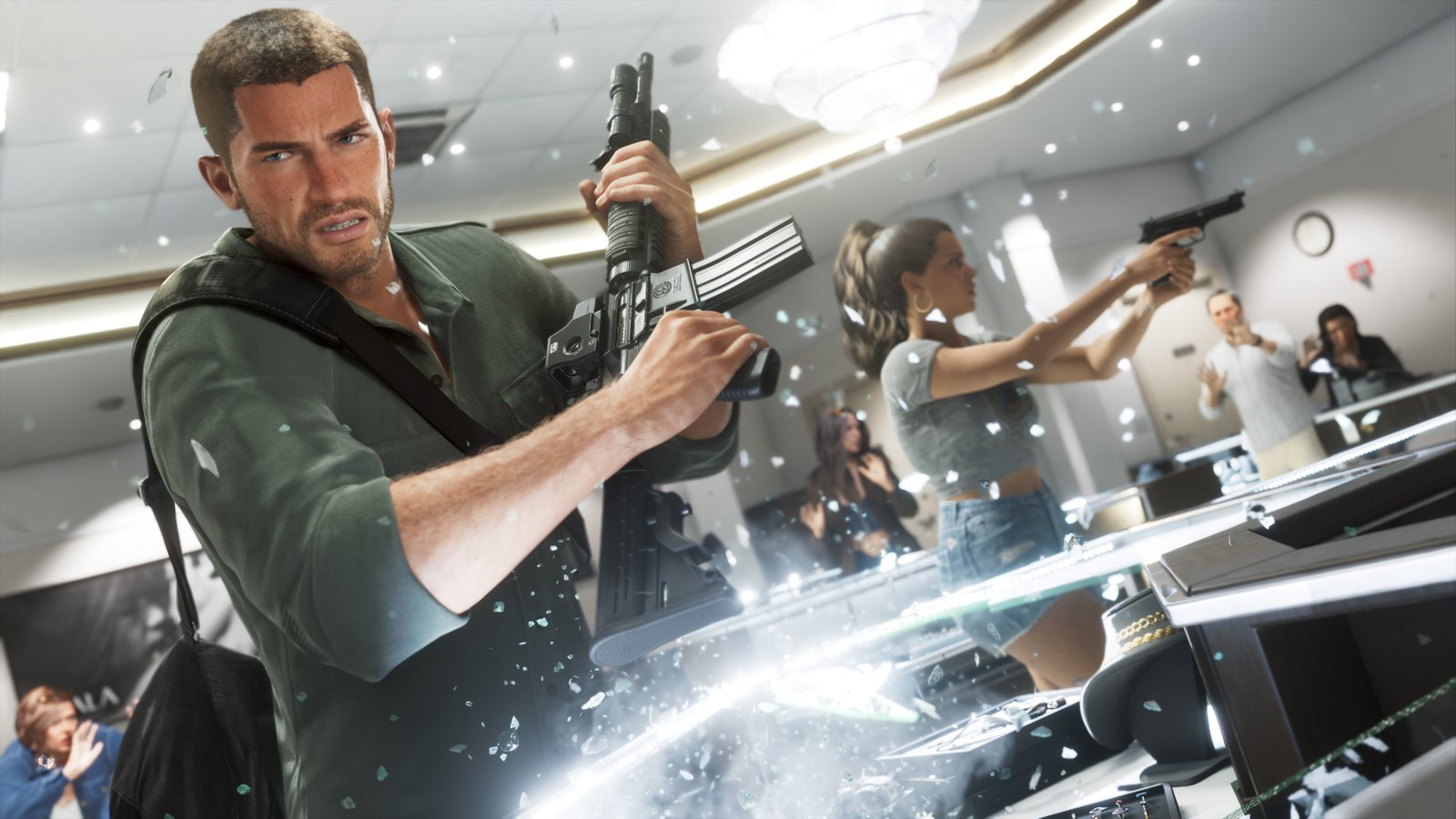 Jason holds a rifle among shattered display cases while Lucia aims a pistol in the background during a robbery in GTA 6