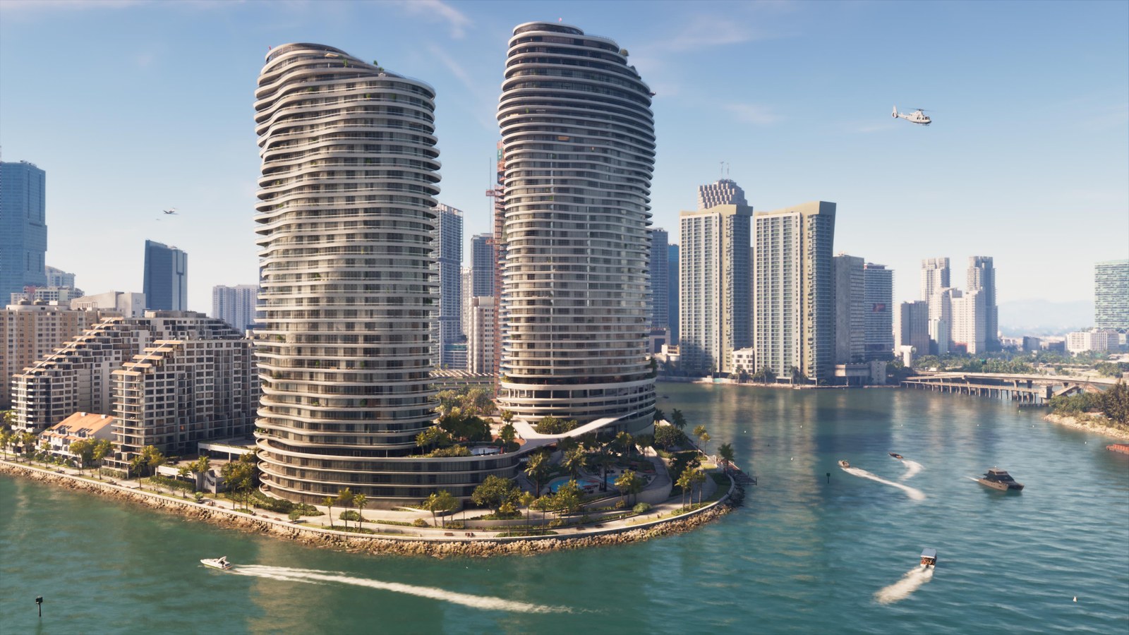 Two curved residential towers on Vice City's bay, with speedboats on the water and skyscrapers behind them in GTA 6