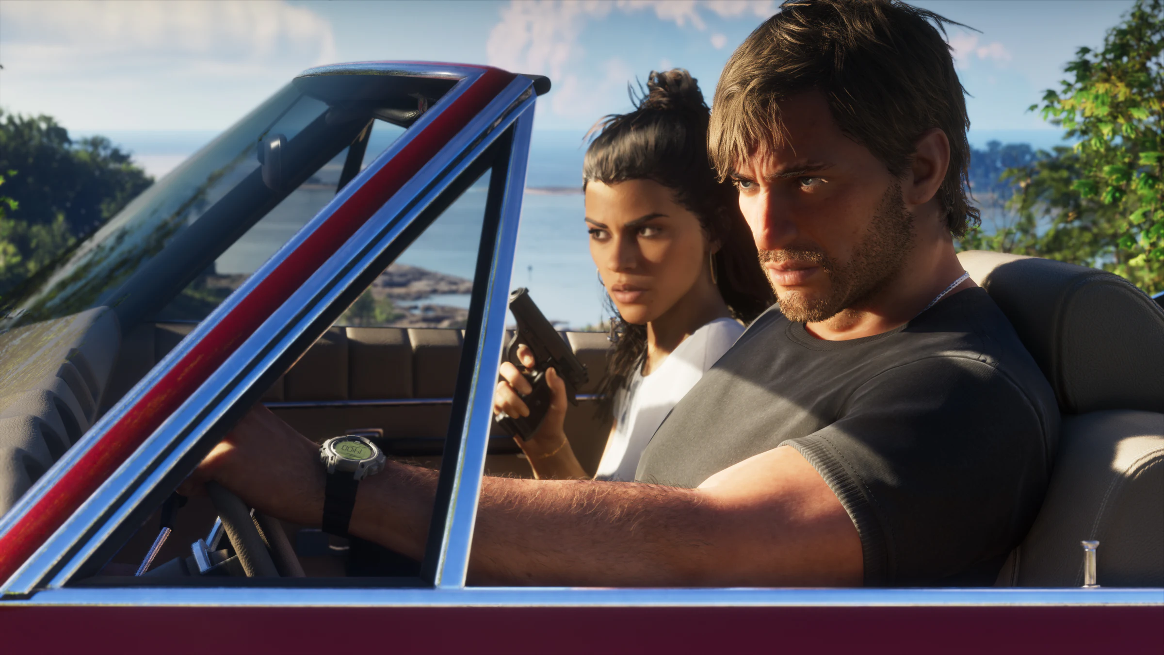 Jason drives a convertible while Lucia holds a pistol in an official GTA 6 image