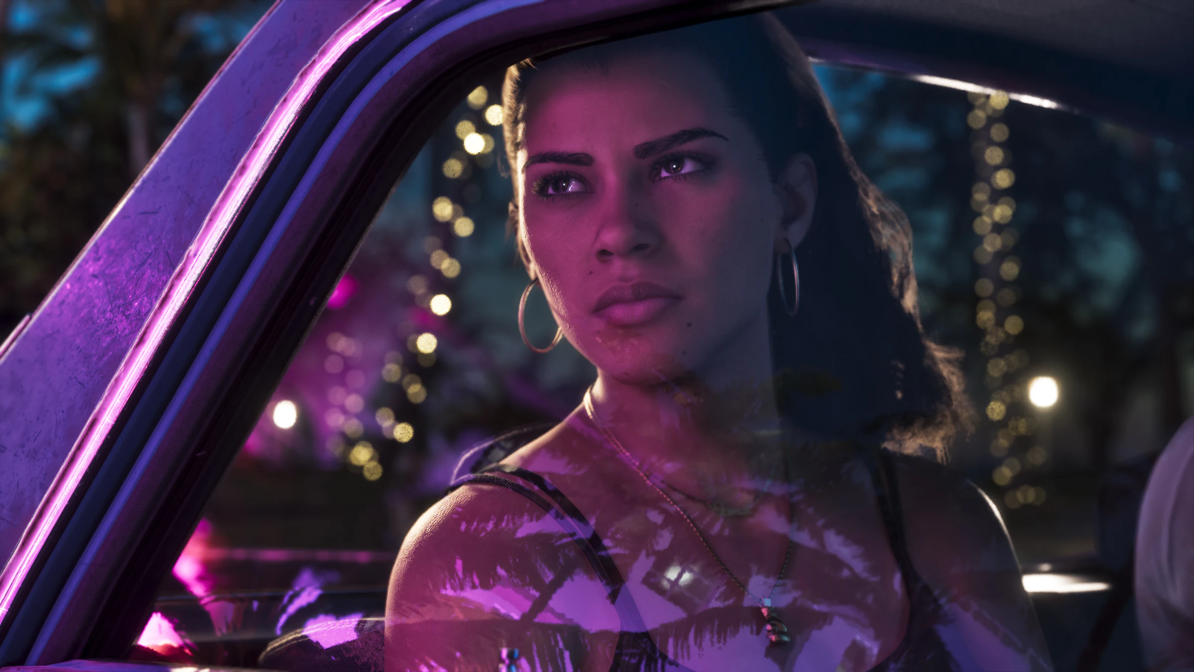 Close-up of Lucia inside a car beneath Leonida's neon lights in GTA 6