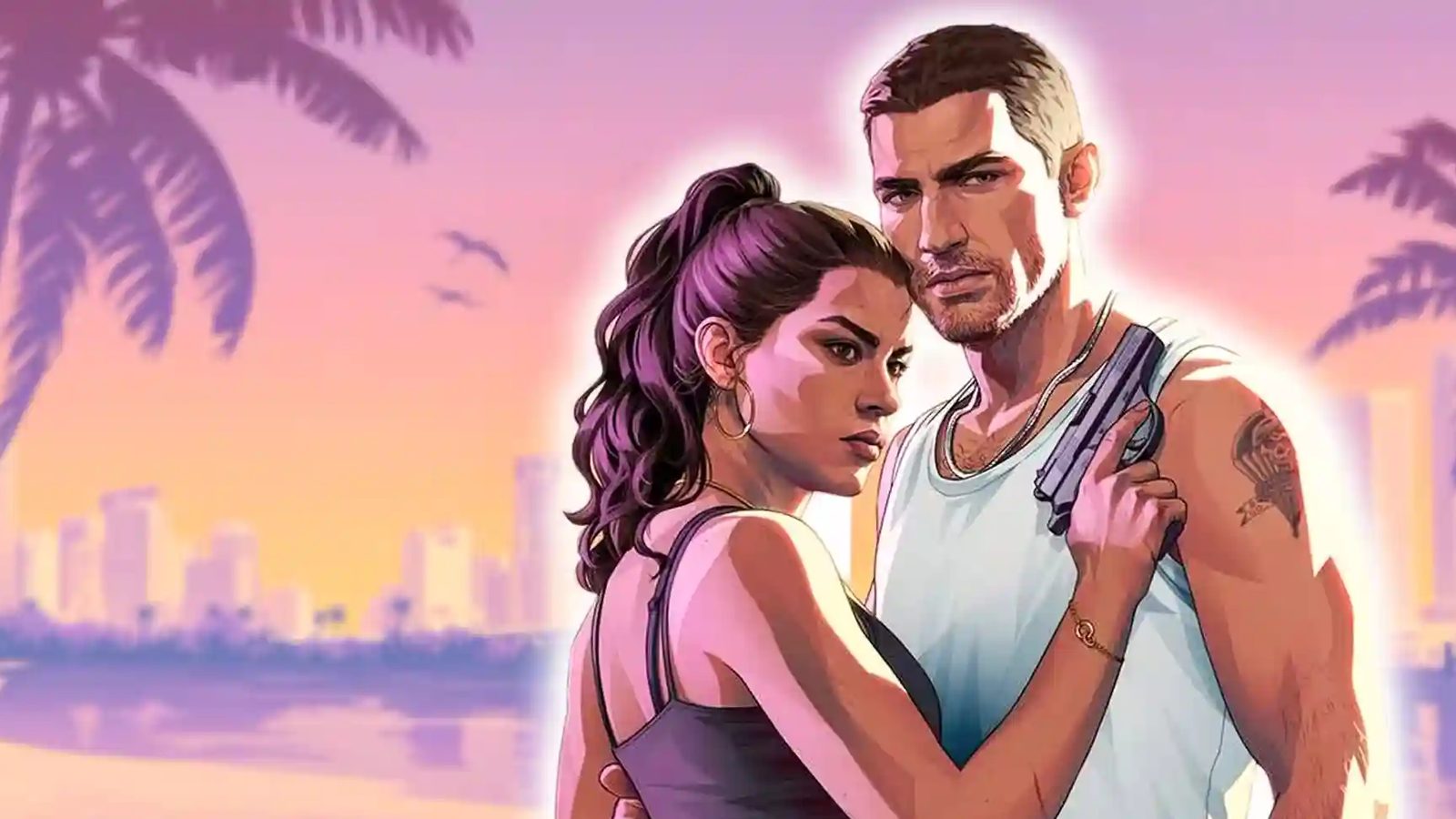 GTA 6's key art with Jason and Lucia embracing against the Vice City skyline at sunset
