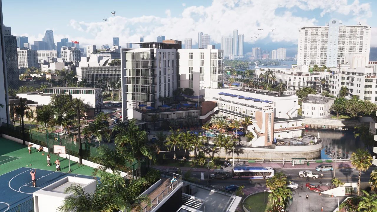 An urban Grand Theft Auto VI scene showing Vice City from above