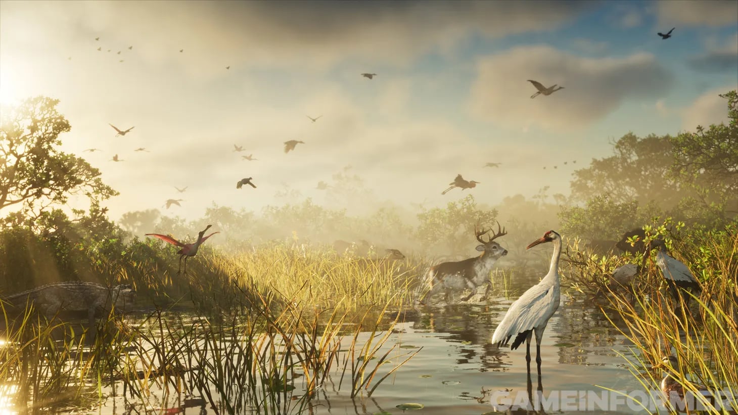 Leonida wetlands with birds, deer and an alligator in a GTA 6 screenshot