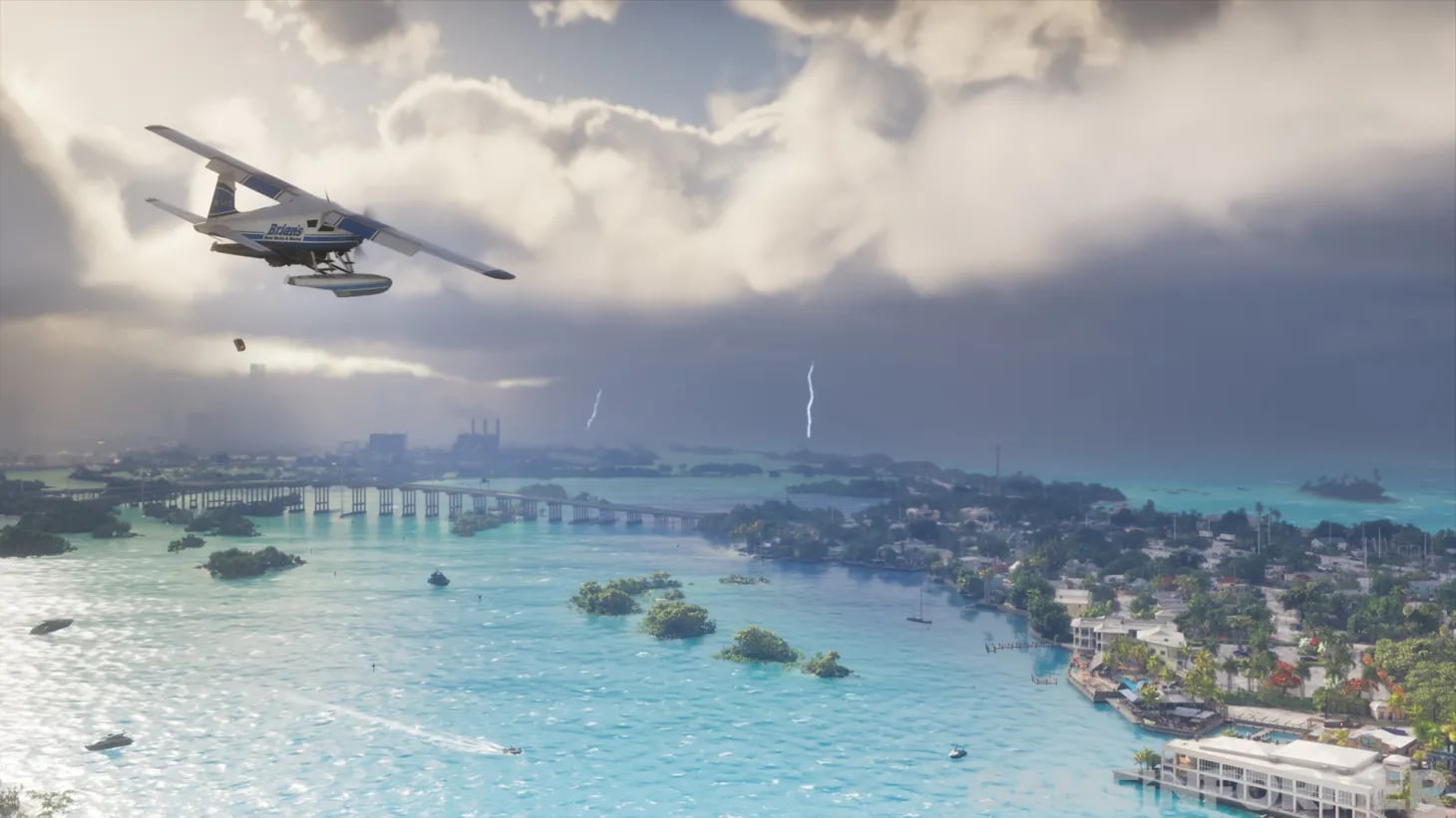 Seaplane facing a lightning storm over Leonida's coastline in GTA 6