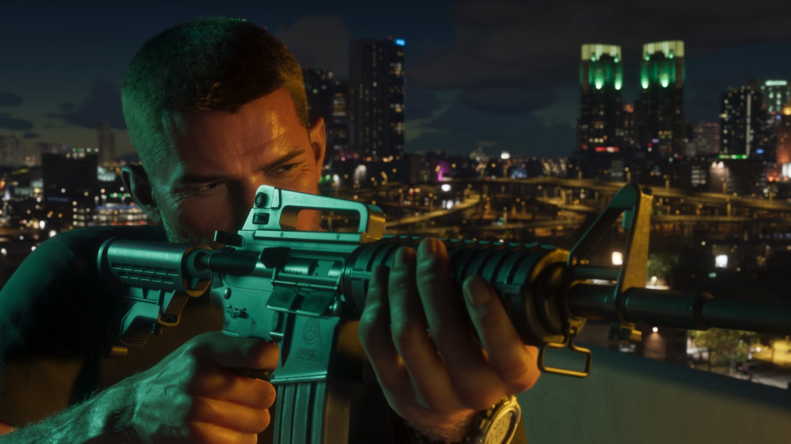 Jason Duval aims an assault rifle over the Vice City skyline at night in GTA VI