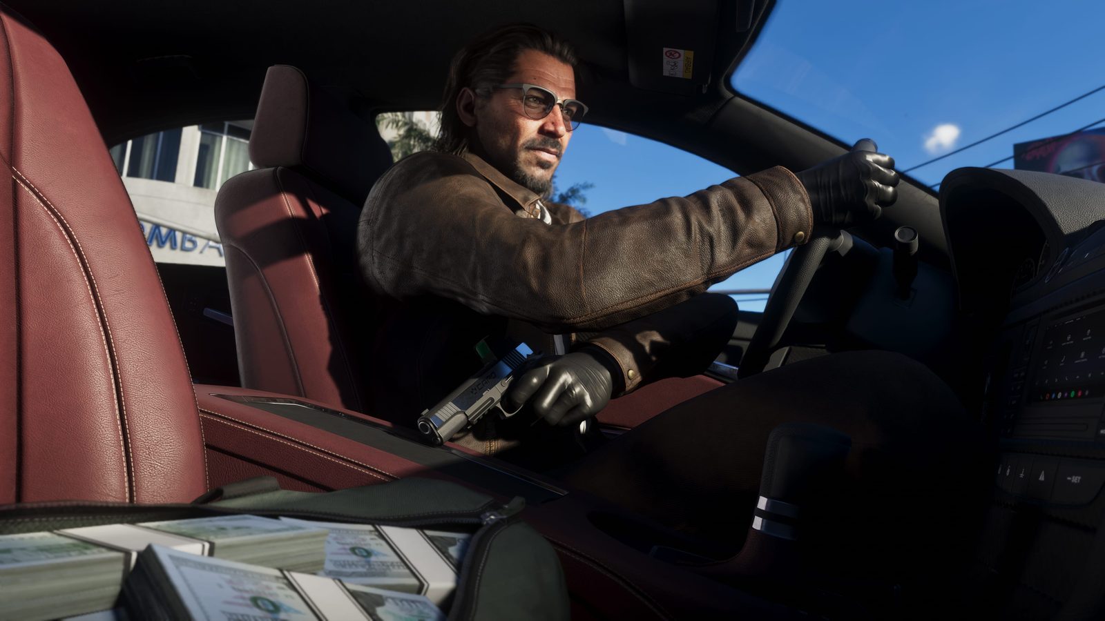 A GTA 6 character drives through Vice City with a pistol and stacks of cash on the seat