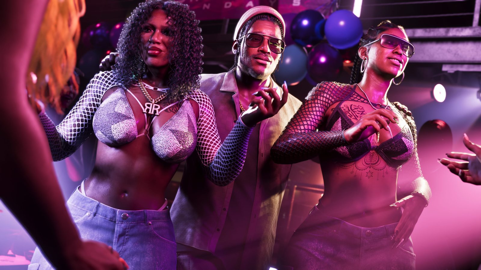 Nightclub party atmosphere in Vice City in GTA 6, lit by neon lights