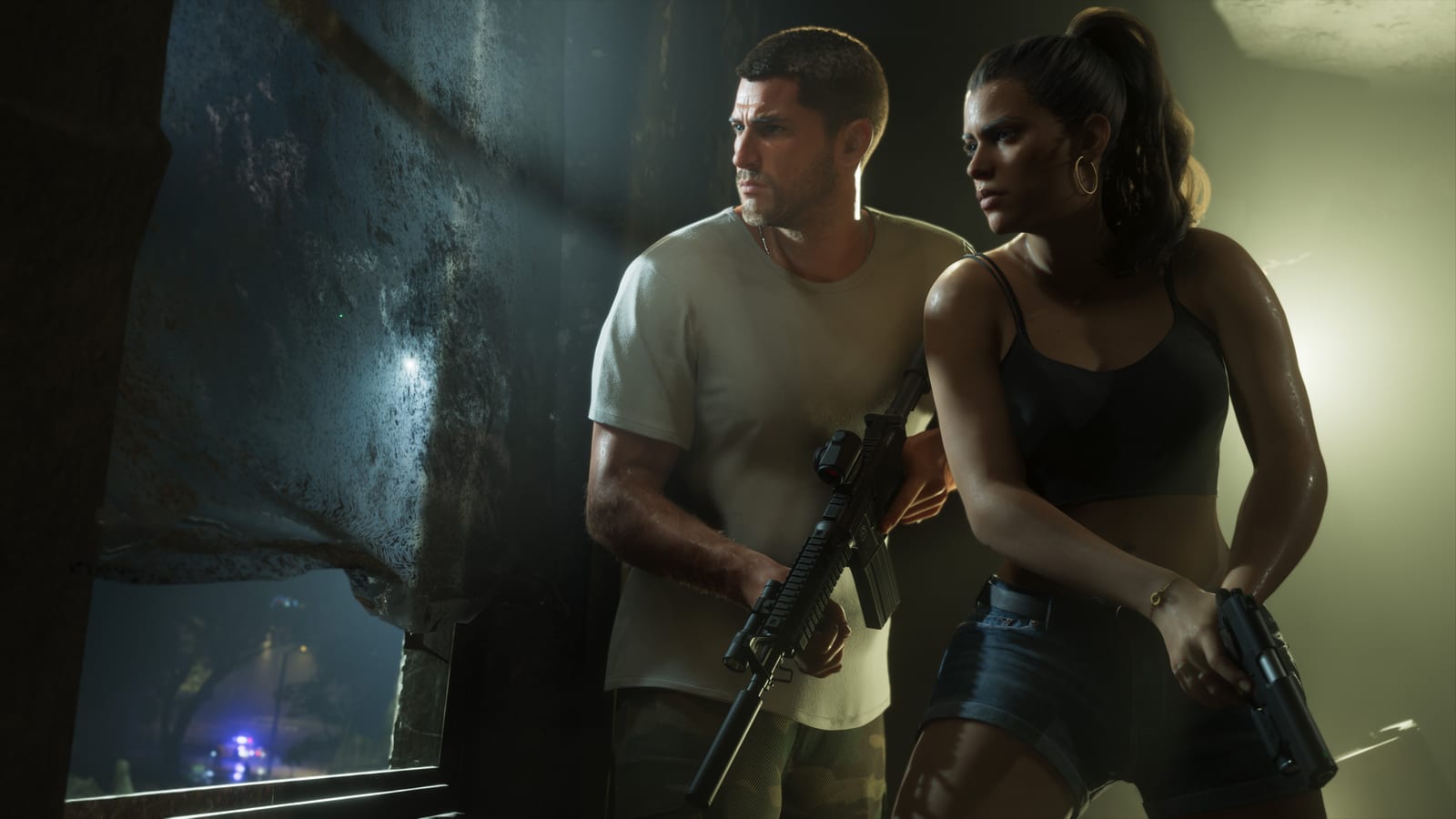 Jason y Lucia observan la lluvia desde una ventana en GTA VI