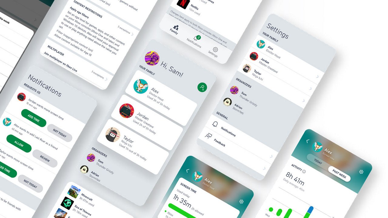 Several Xbox Family Settings app screens showing request notifications, screen time and content restrictions for each family member
