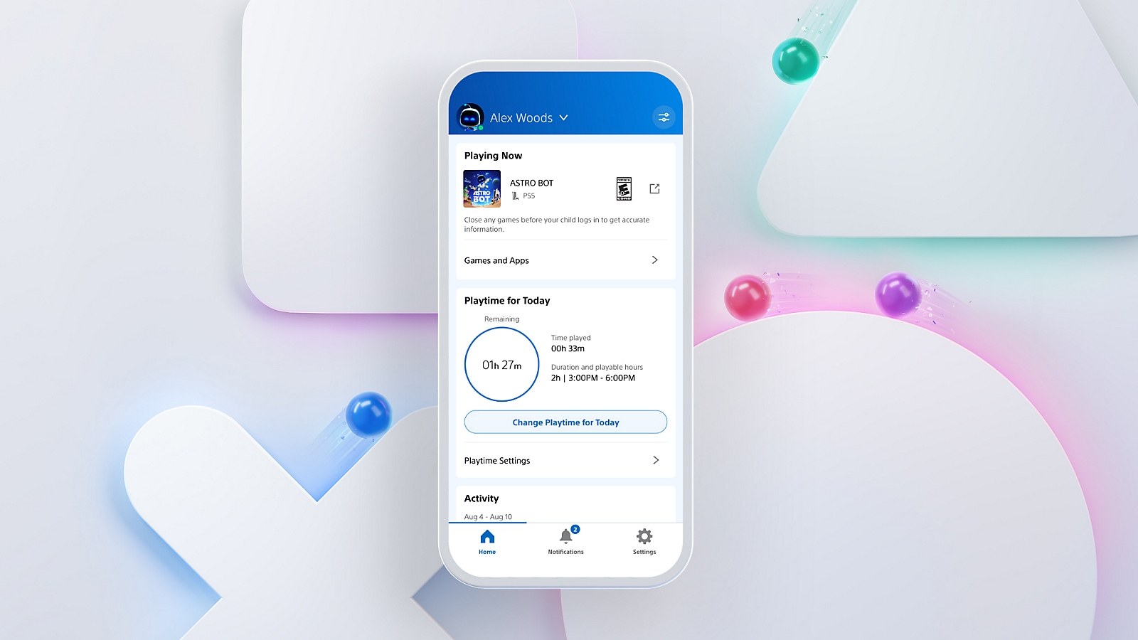 A phone running the PlayStation Family app on a child's screen, showing the game being played and the playtime left for today