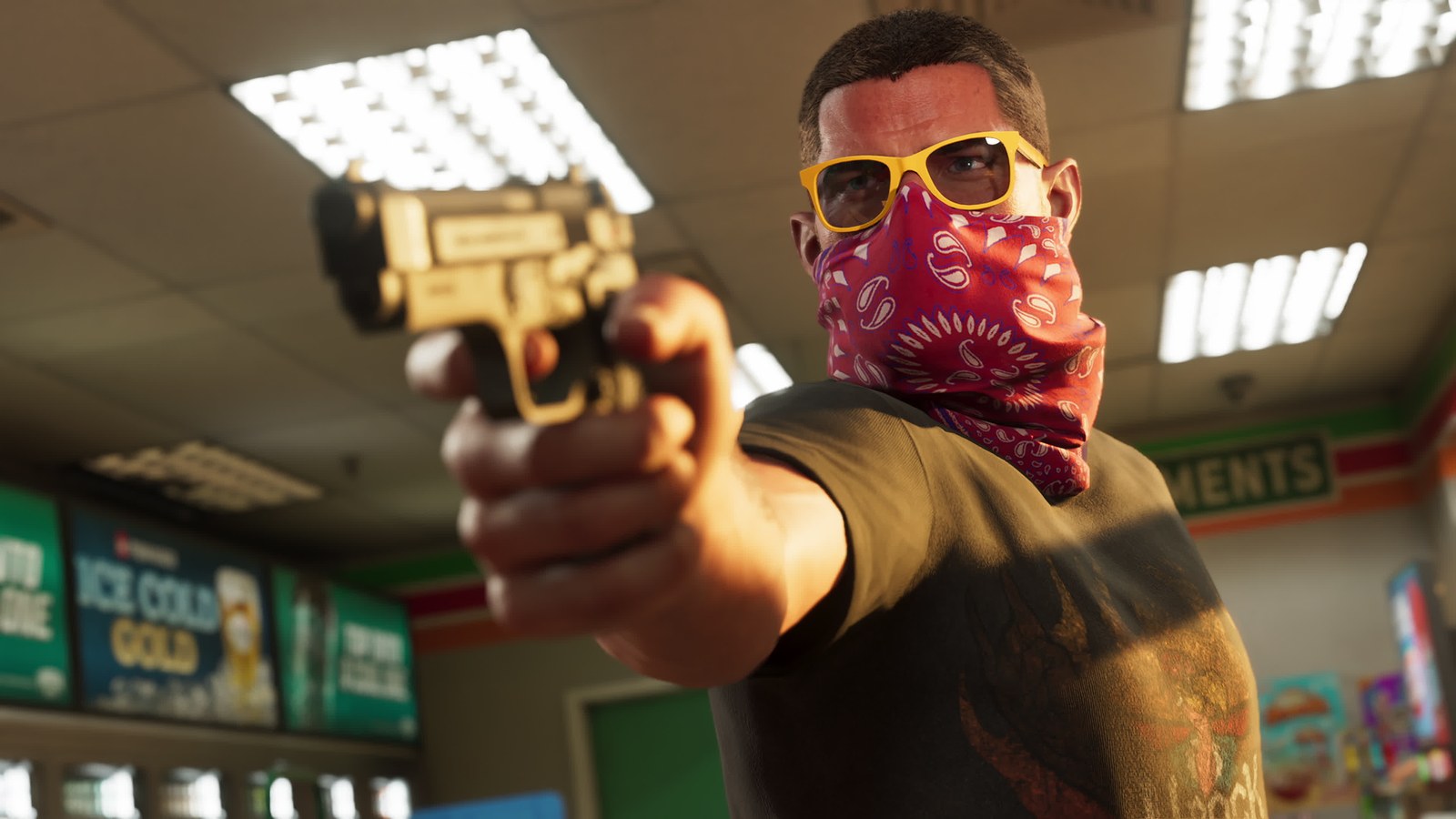 A robber in a red bandana and yellow sunglasses points a gold pistol at the camera inside a convenience store in GTA 6