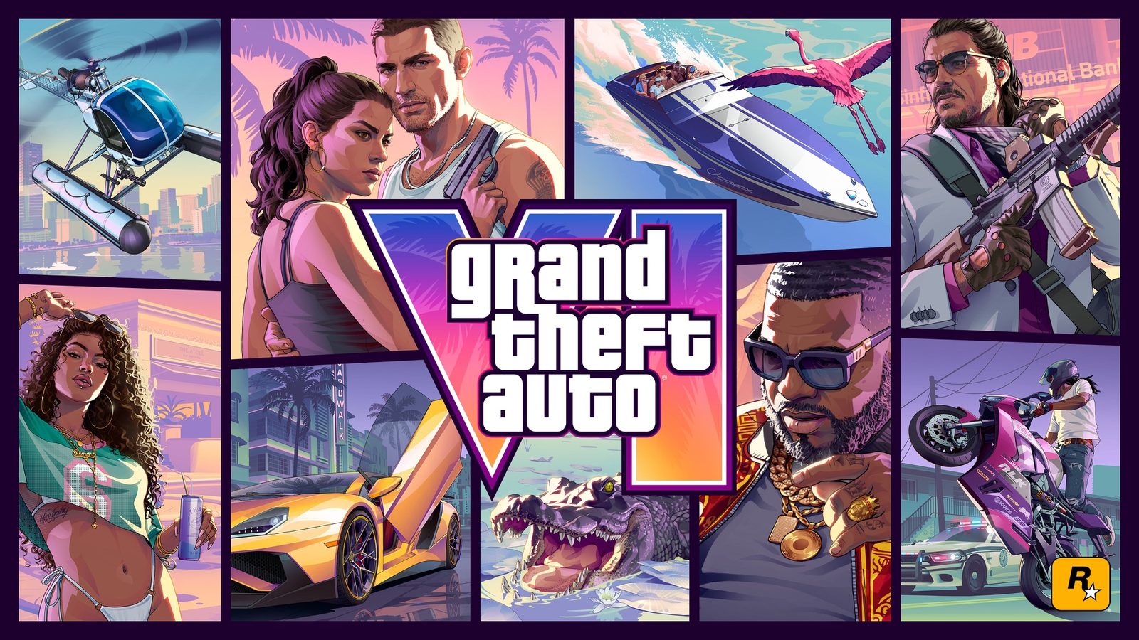 Arte de portada oficial de GTA 6 con Lucia, Jason y las distintas caras de Vice City