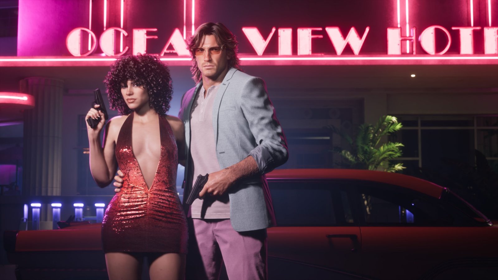 Official GTA 6 Vintage Vice City pack screenshot outside the Ocean View Hotel