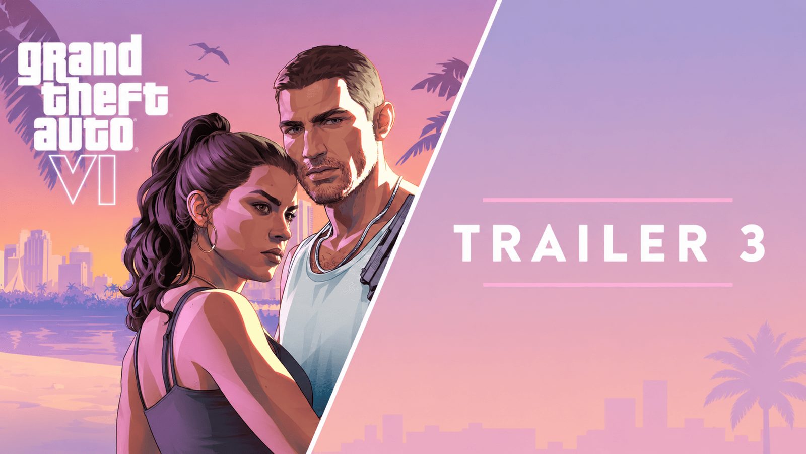 Jason y Lucia abrazados en el arte oficial de GTA 6, junto al rótulo del tercer tráiler