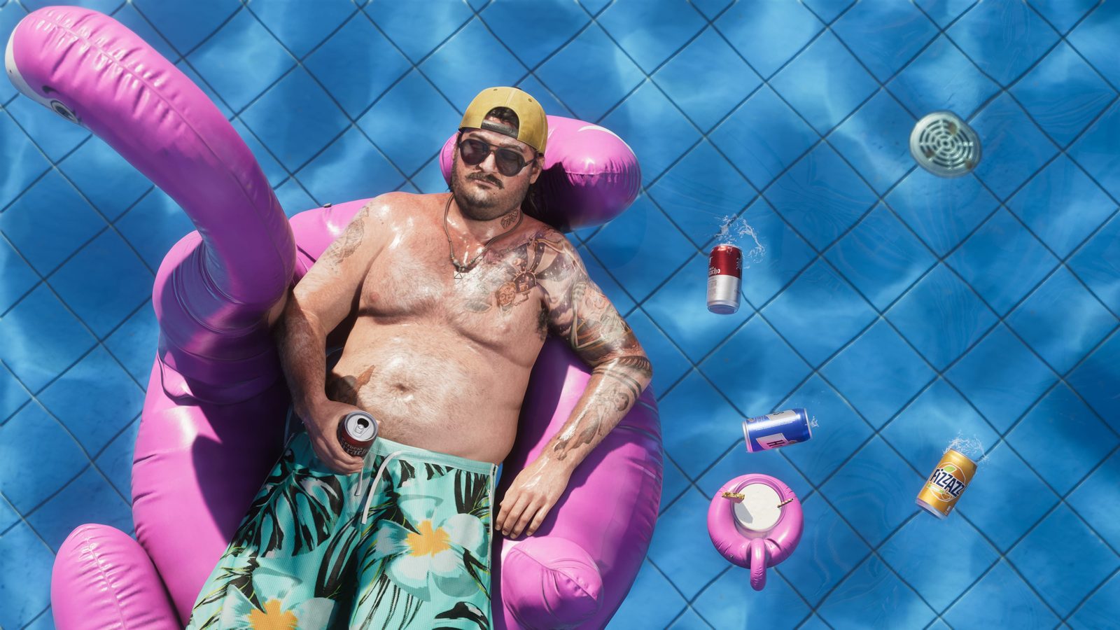 Cal Hampton floating in a pool on an inflatable flamingo, surrounded by cans, in GTA 6
