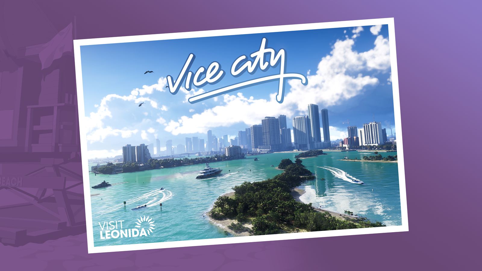 Official Vice City postcard showing its bay, islands, boats and skyline in GTA 6