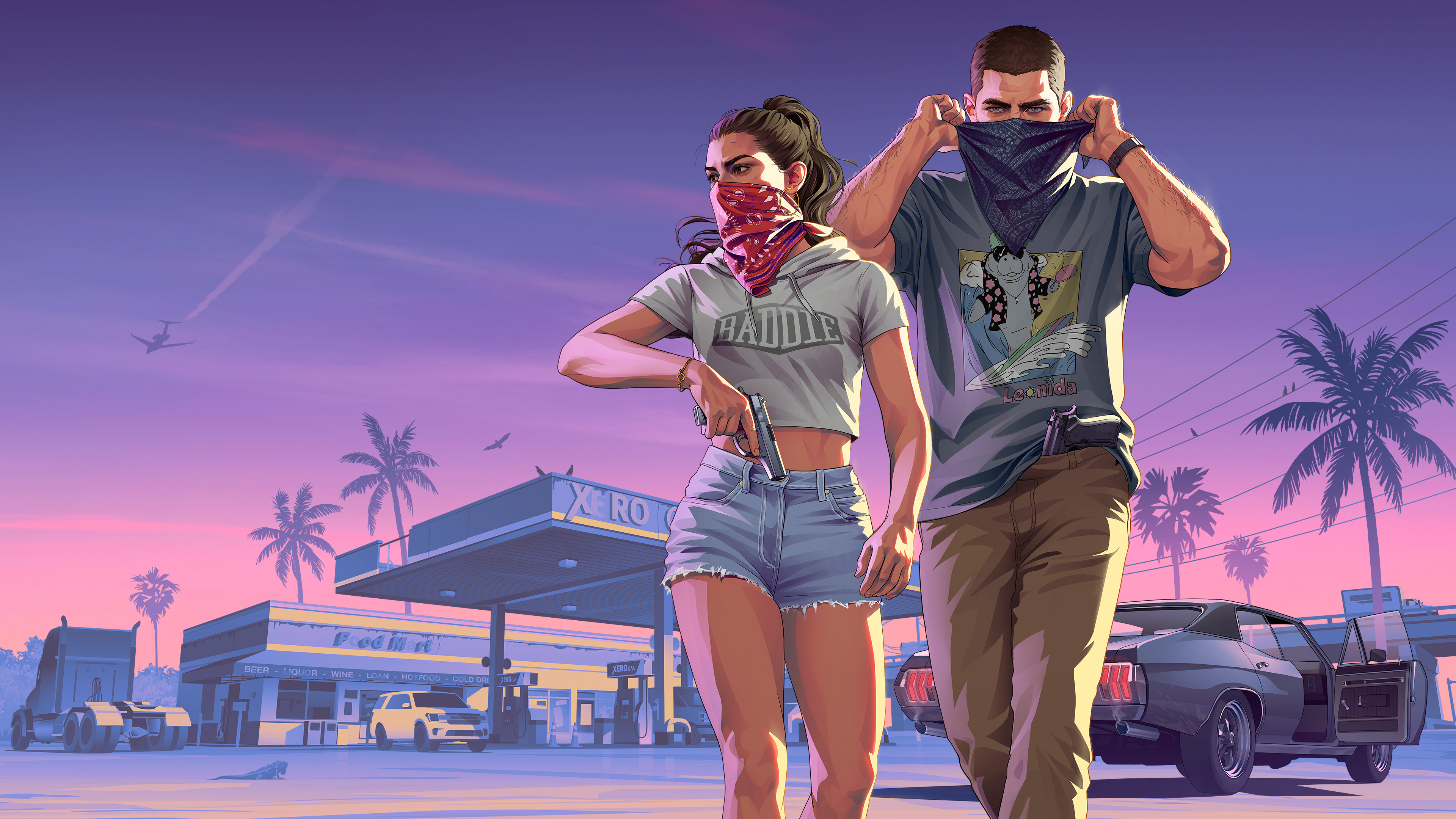 Official GTA VI artwork showing Jason and Lucia preparing to rob a Leonida gas station