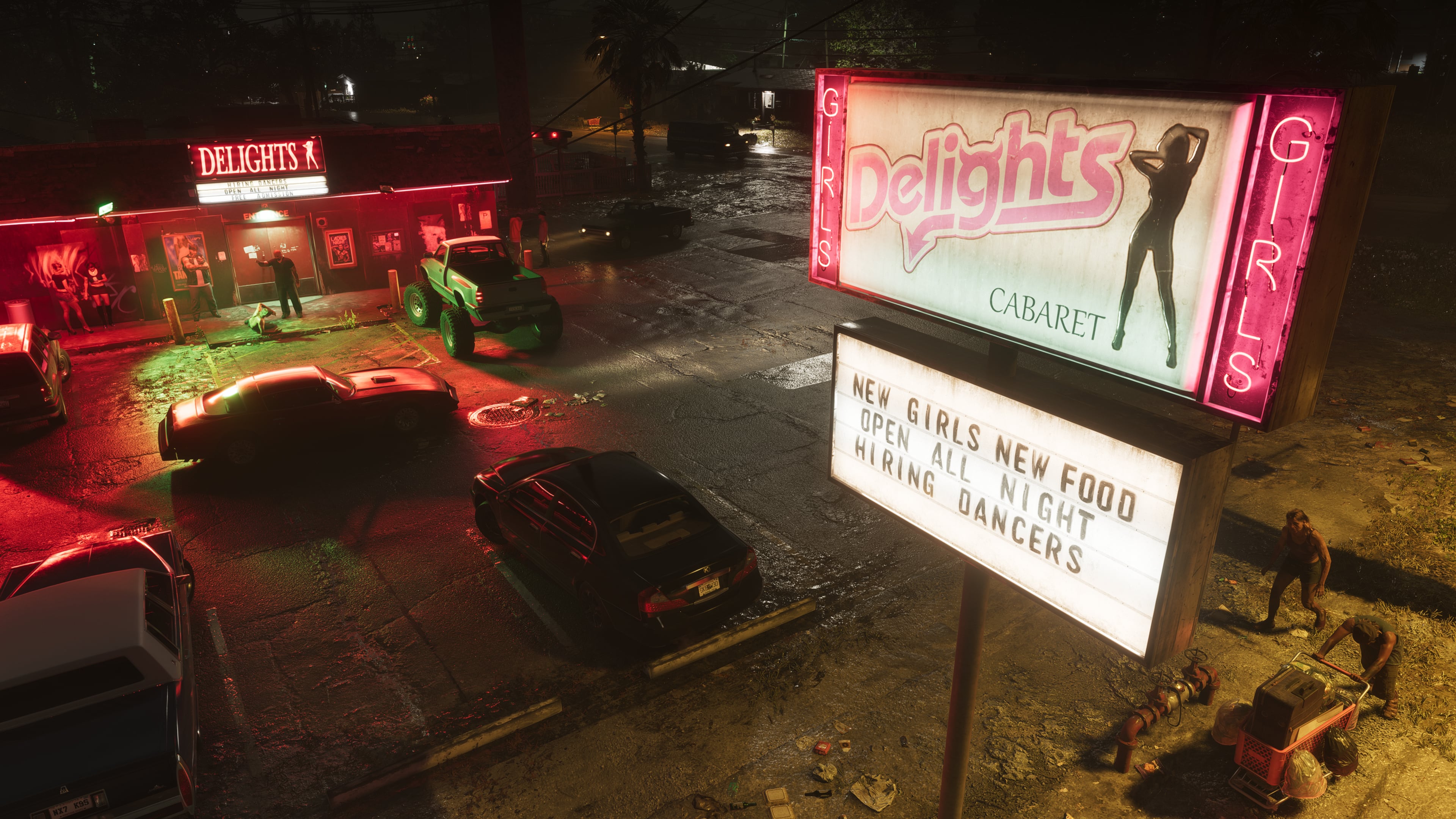 Official nighttime image of Port Gellhorn in GTA VI with the Delights cabaret lit up