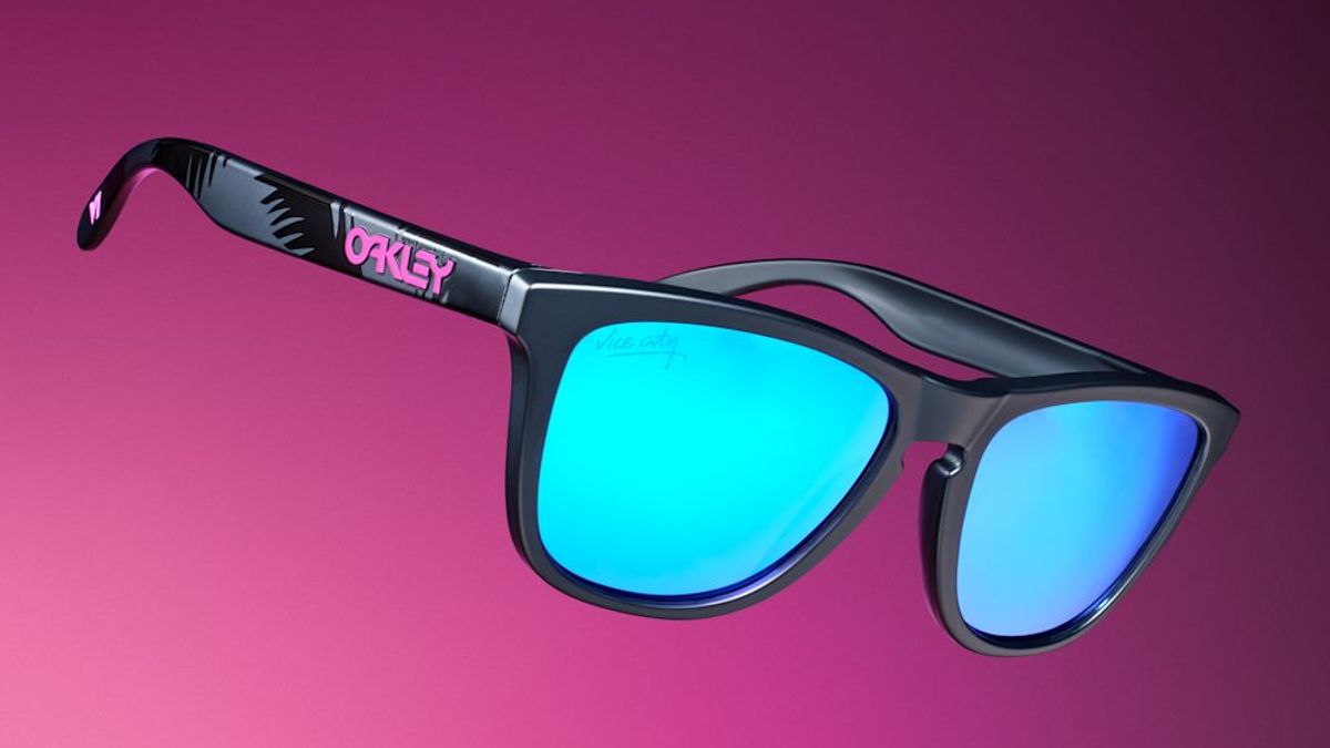 Black Oakley Frogskins sunglasses with blue lenses made for the GTA VI collection