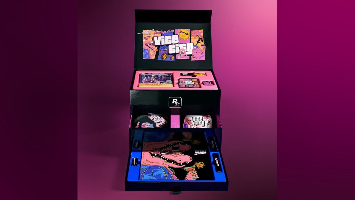 Open GTA VI collector's box showing The Goodtime State merchandise