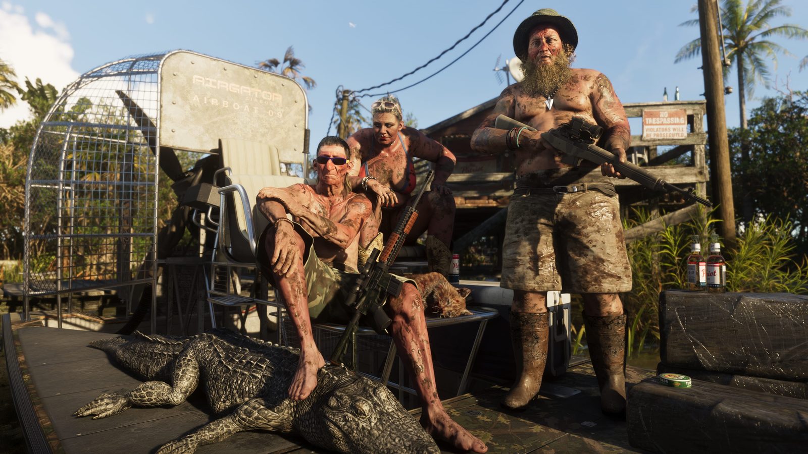 Three Grassrivers residents pose beside an airboat and several alligators in Grand Theft Auto VI