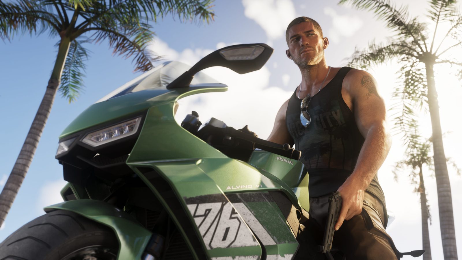 Jason Duval stands beside a green motorcycle under palm trees in an official Grand Theft Auto VI screenshot