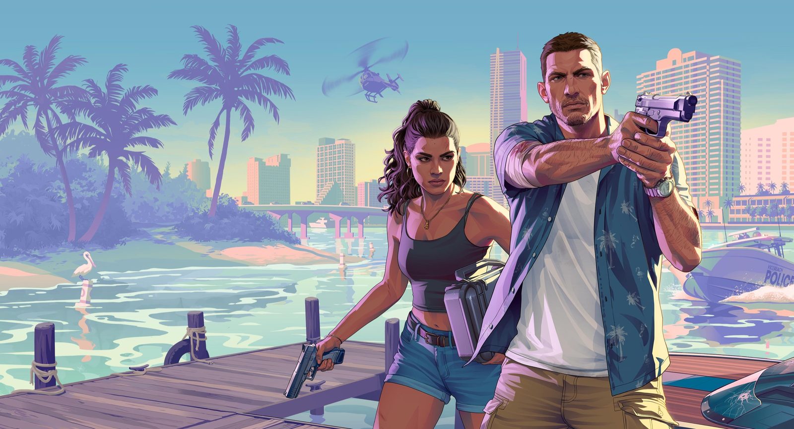Ilustración oficial de GTA VI con Jason y Lucia armados en un muelle de Vice City