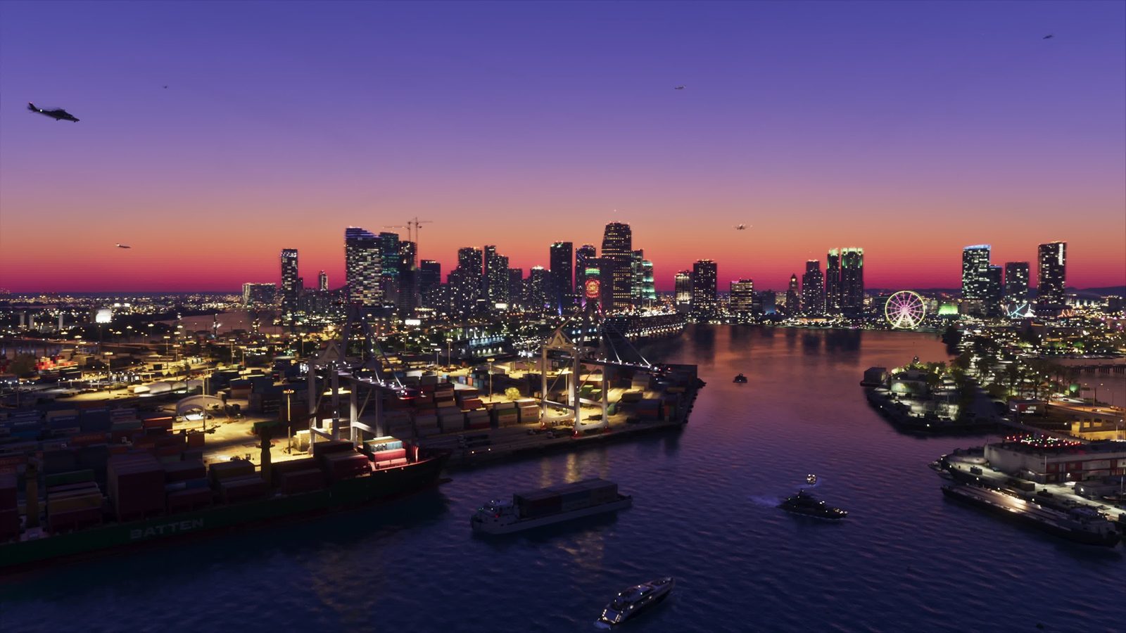 Official panoramic view of Vice City's harbor and skyline at dusk
