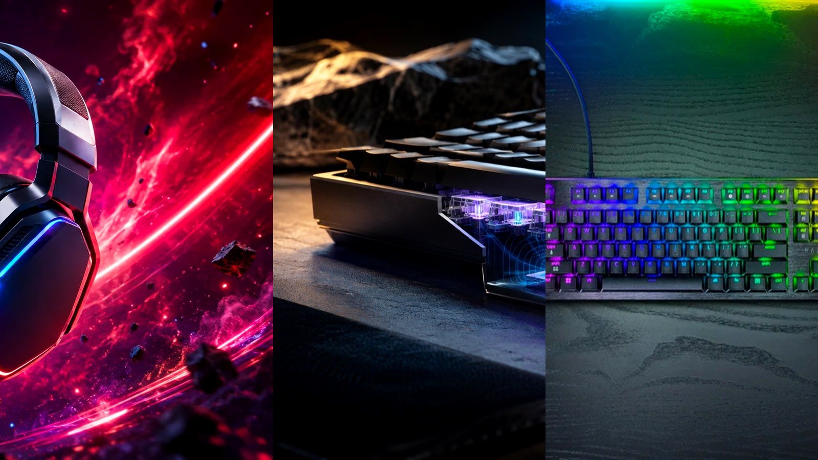 Gaming headsets and keyboards with striking lighting on a dark background