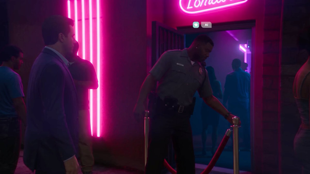 A virtual character tends the entrance to a nightclub in Humalike's FiveM demo