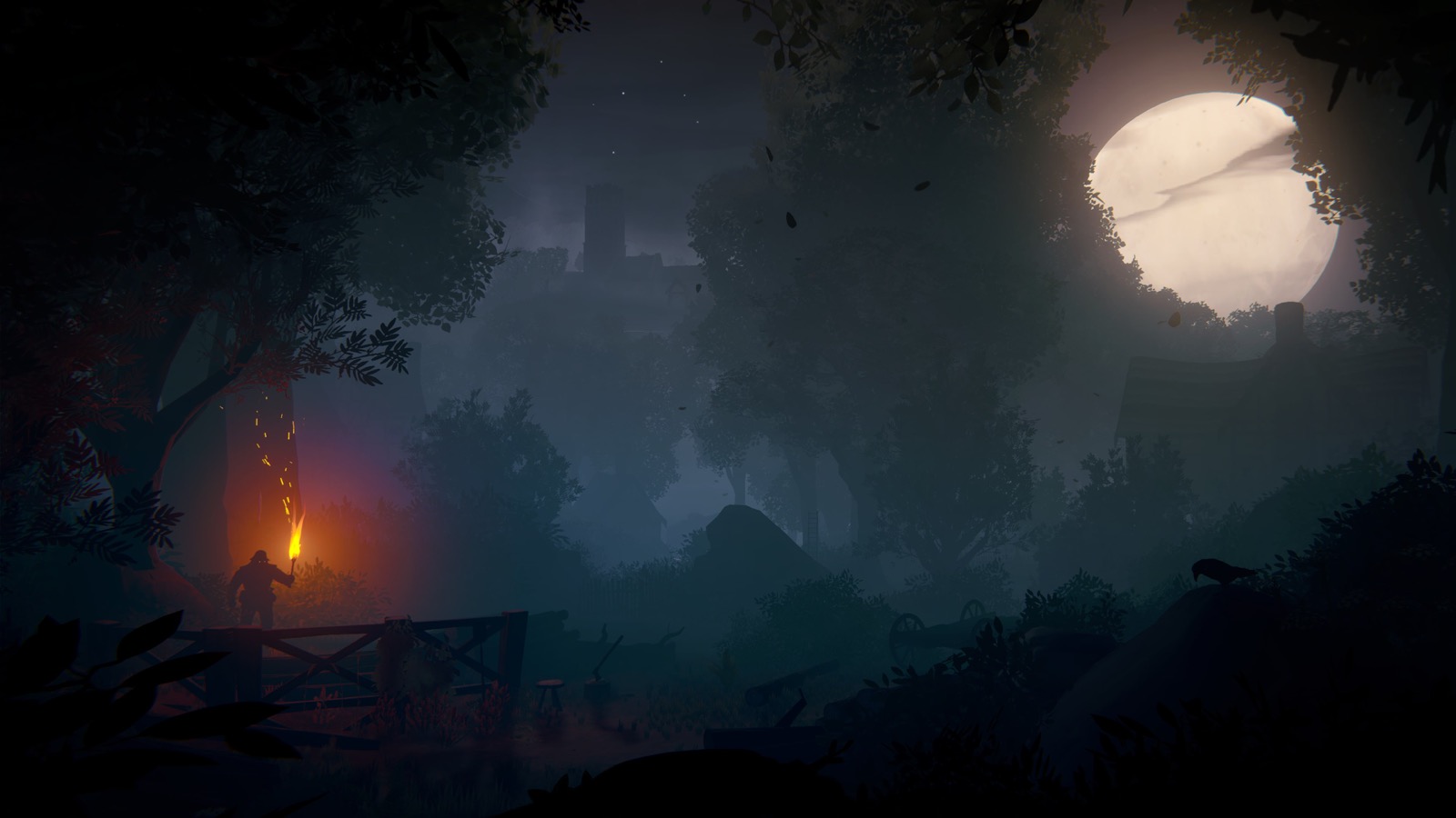 Bosque y aldea de Hunter’s Moon iluminados por una hoguera y la luna