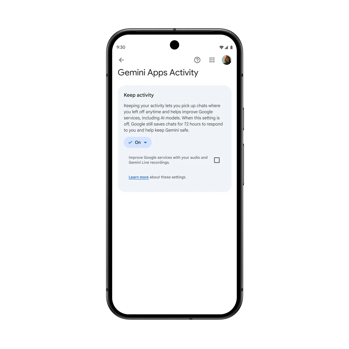 Gemini Apps Activity settings on a phone with Keep Activity on and the audio recordings option off