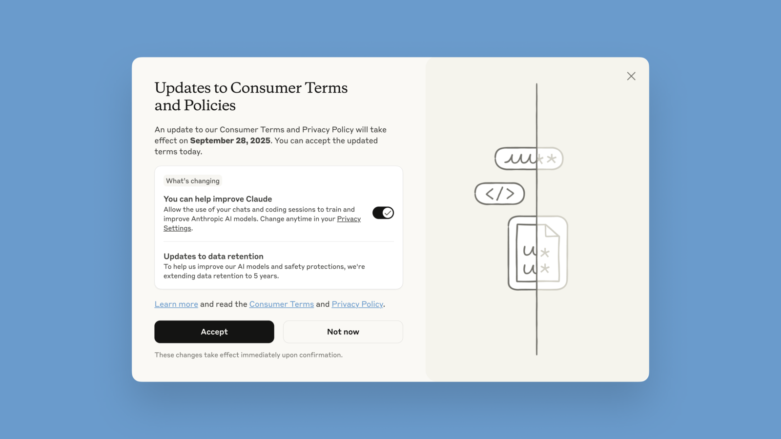 Claude pop-up about its updated consumer terms with the help improve Claude toggle switched on