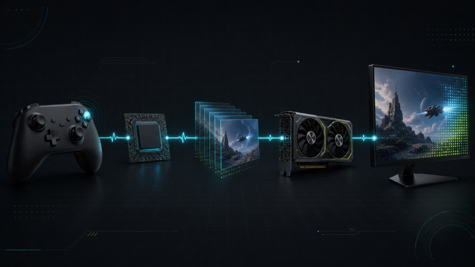 Visual chain from controller to processor, frame queue, graphics card and monitor
