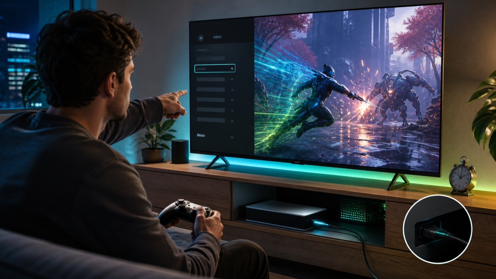 A player adjusts a television while holding a controller in front of an action game