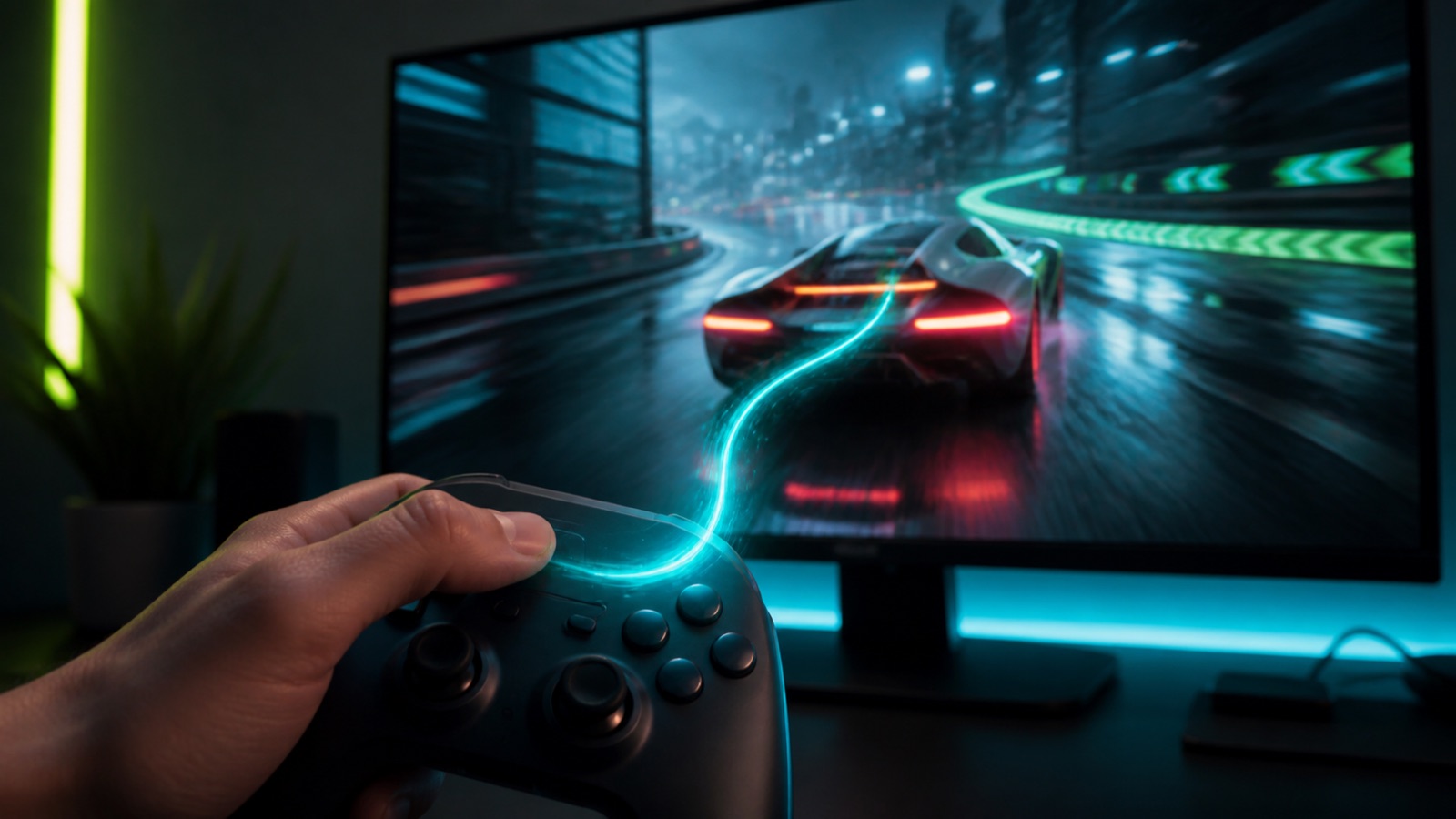 A glowing line connects a controller button press to a racing car on screen