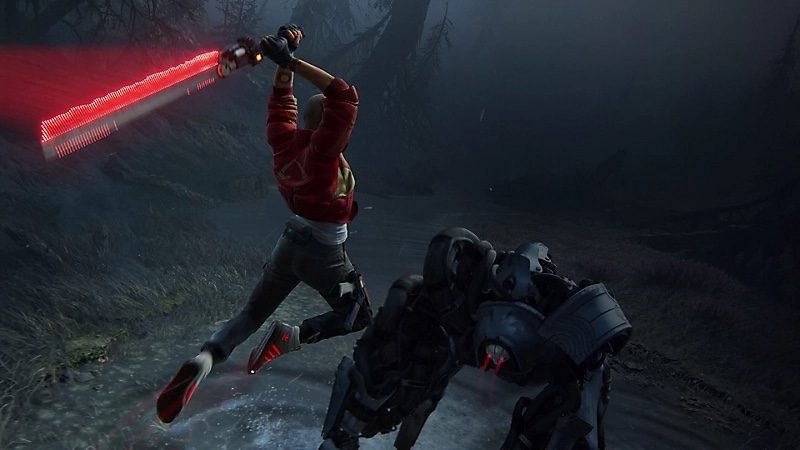 Jordan leaps towards a machine on Sempiria with her red weapon