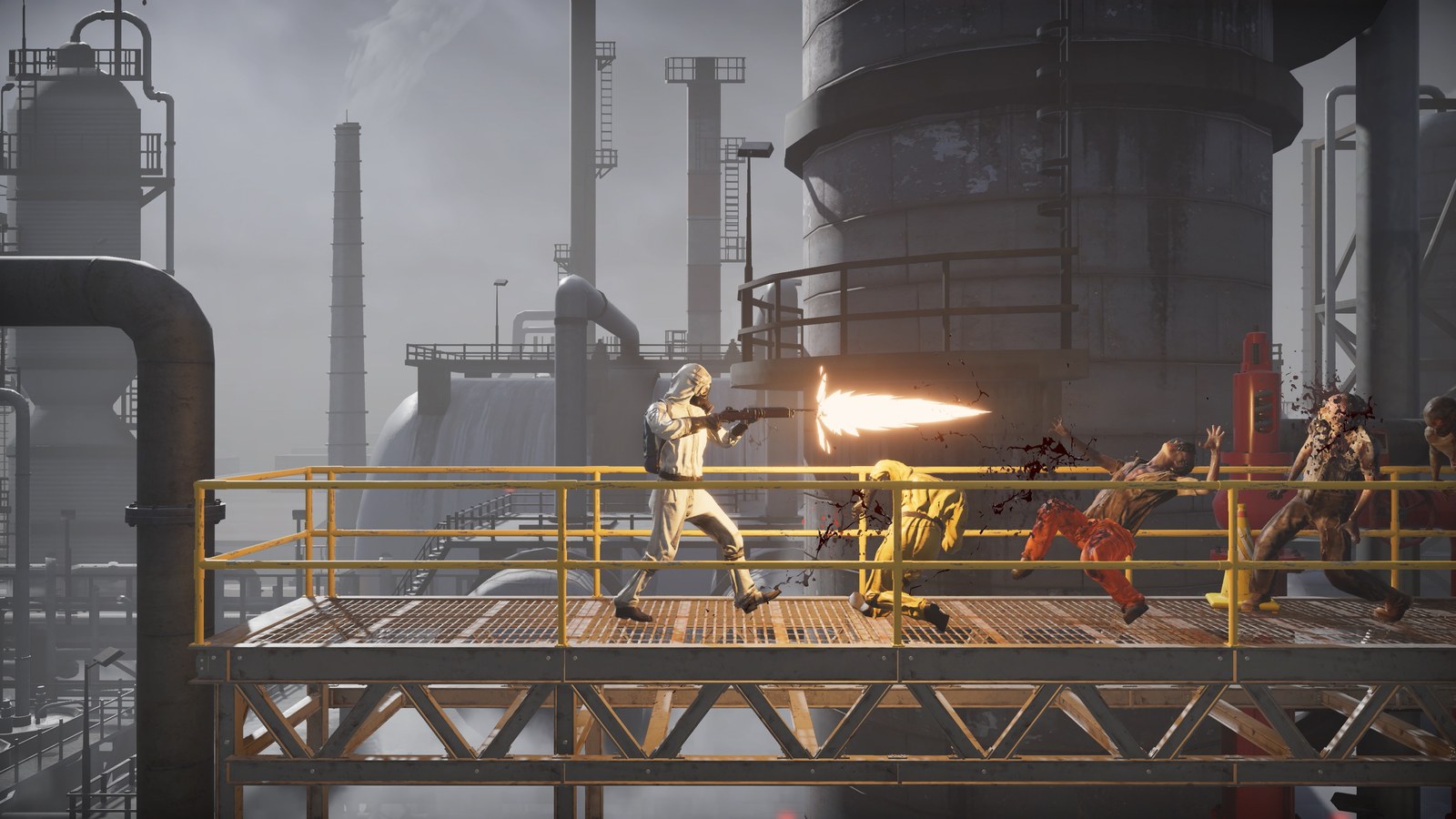 A survivor in a hazmat suit fires at infected enemies on an industrial walkway