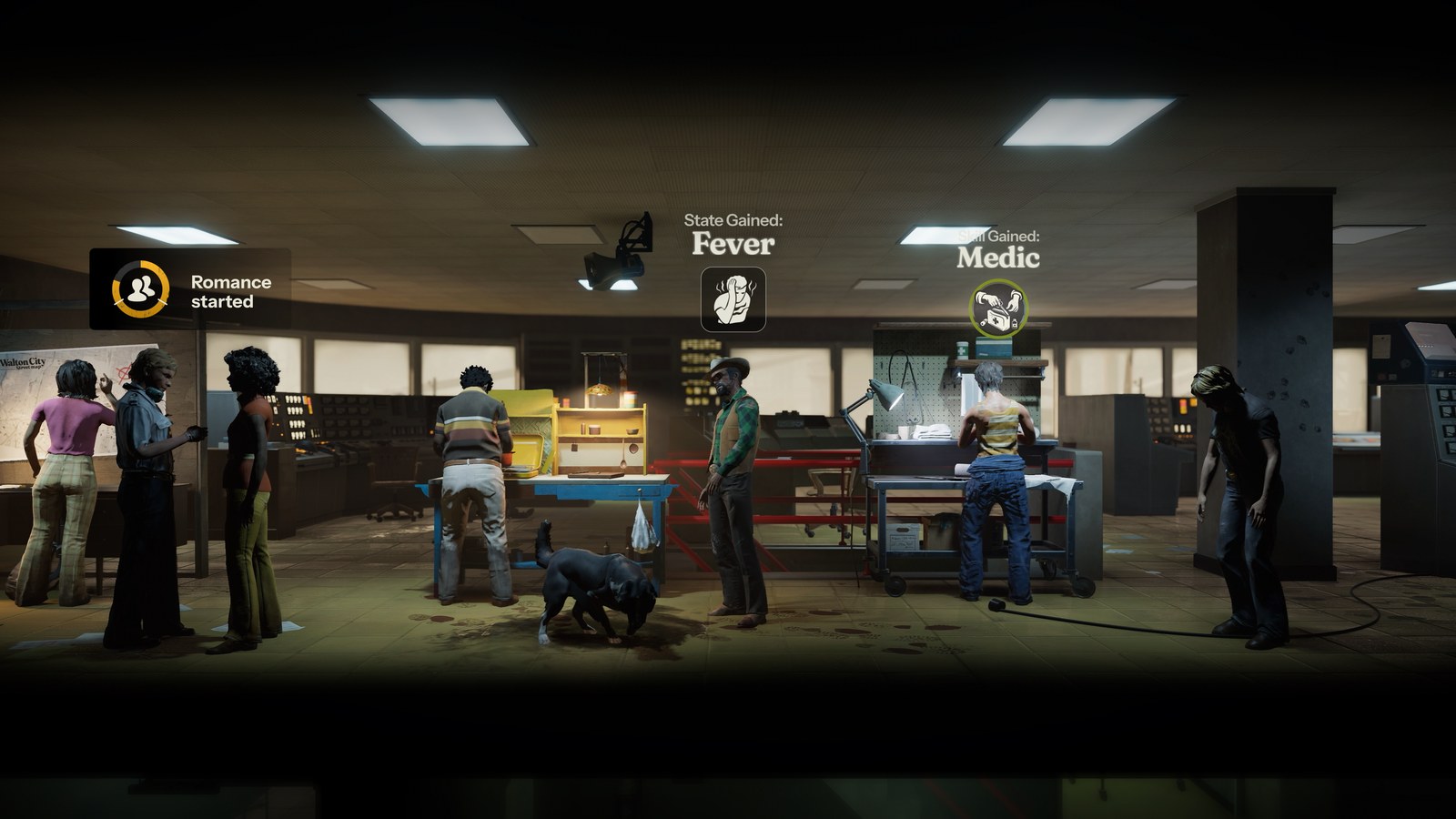 A group of survivors works inside the shelter as state and skill notifications appear